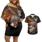 Wests Tigers Rugby Couples Matching Off Shoulder Short Dress and Hawaiian Shirt Tribal Polynesian Power Art - Lightning Mascot