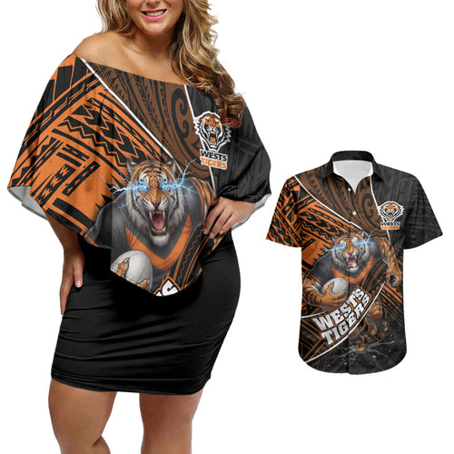 Wests Tigers Rugby Couples Matching Off Shoulder Short Dress and Hawaiian Shirt Tribal Polynesian Power Art - Lightning Mascot