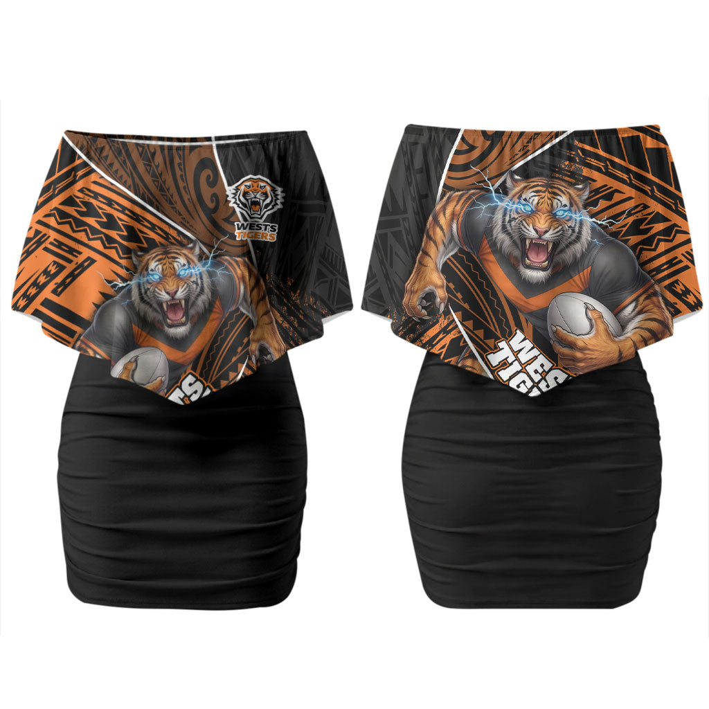 Wests Tigers Rugby Couples Matching Off Shoulder Short Dress and Hawaiian Shirt Tribal Polynesian Power Art - Lightning Mascot
