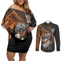 Wests Tigers Rugby Couples Matching Off Shoulder Short Dress and Long Sleeve Button Shirt Tribal Polynesian Power Art - Lightning Mascot