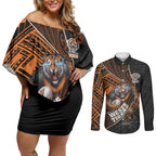 Wests Tigers Rugby Couples Matching Off Shoulder Short Dress and Long Sleeve Button Shirt Tribal Polynesian Power Art - Lightning Mascot