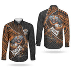 Wests Tigers Rugby Couples Matching Off Shoulder Short Dress and Long Sleeve Button Shirt Tribal Polynesian Power Art - Lightning Mascot