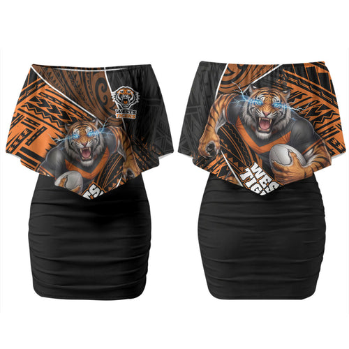 Wests Tigers Rugby Couples Matching Off Shoulder Short Dress and Long Sleeve Button Shirt Tribal Polynesian Power Art - Lightning Mascot