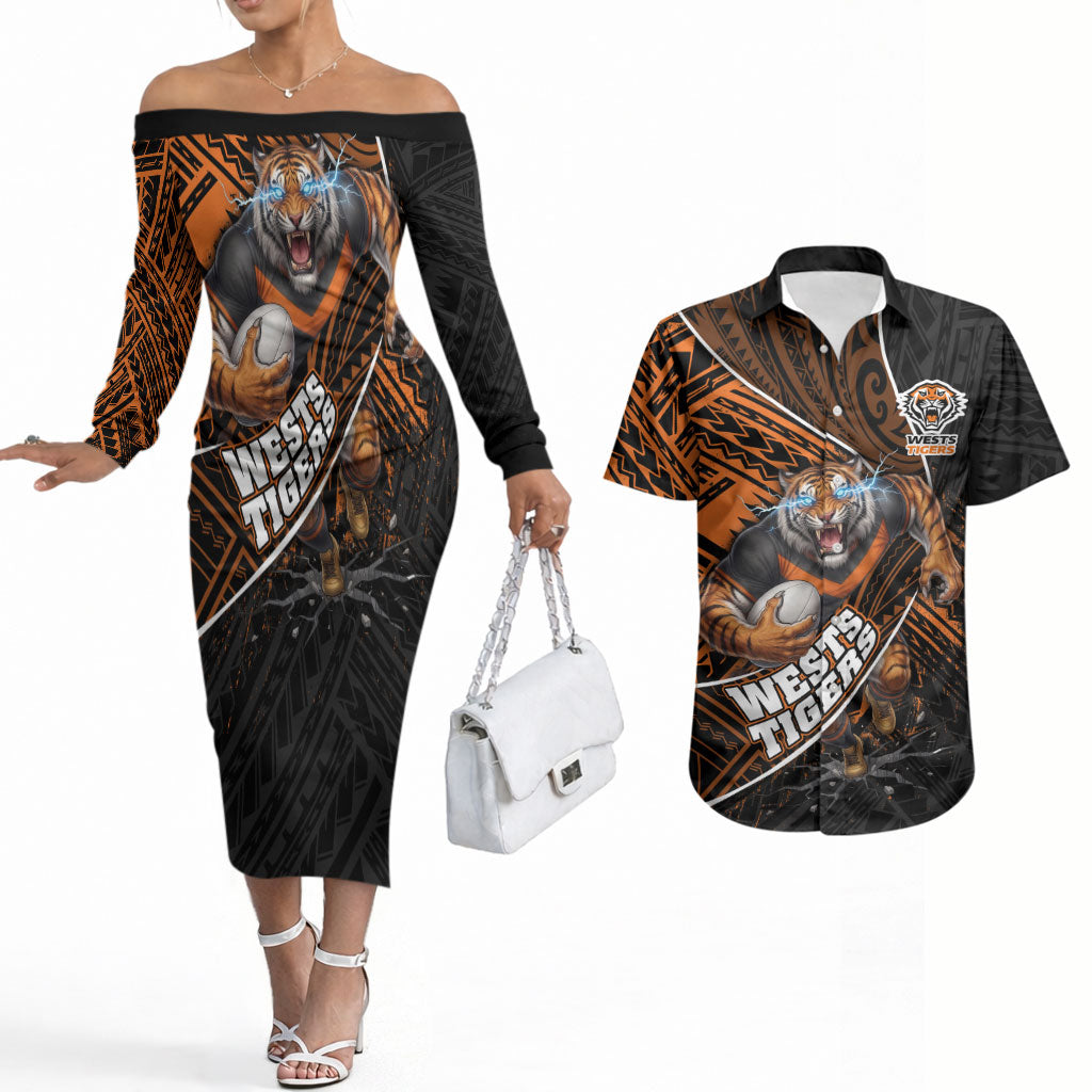Wests Tigers Rugby Couples Matching Off The Shoulder Long Sleeve Dress and Hawaiian Shirt Tribal Polynesian Power Art - Lightning Mascot
