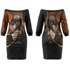 Wests Tigers Rugby Couples Matching Off The Shoulder Long Sleeve Dress and Hawaiian Shirt Tribal Polynesian Power Art - Lightning Mascot