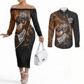 Wests Tigers Rugby Couples Matching Off The Shoulder Long Sleeve Dress and Long Sleeve Button Shirt Tribal Polynesian Power Art - Lightning Mascot