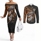 Wests Tigers Rugby Couples Matching Off The Shoulder Long Sleeve Dress and Long Sleeve Button Shirt Tribal Polynesian Power Art - Lightning Mascot