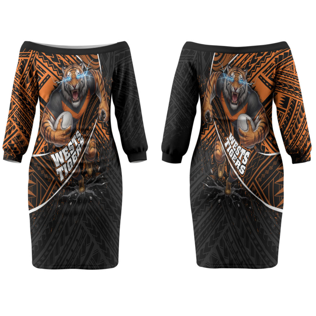Wests Tigers Rugby Couples Matching Off The Shoulder Long Sleeve Dress and Long Sleeve Button Shirt Tribal Polynesian Power Art - Lightning Mascot