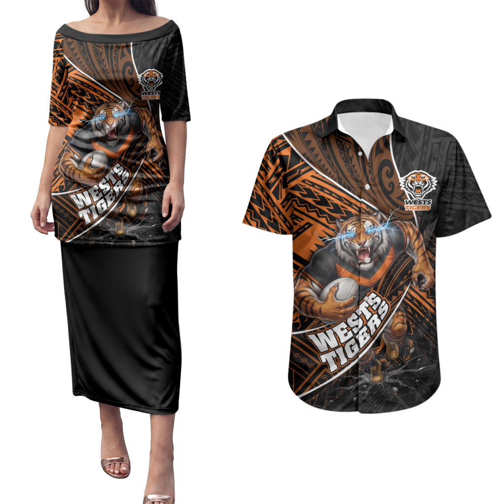 Wests Tigers Rugby Couples Matching Puletasi and Hawaiian Shirt Tribal Polynesian Power Art - Lightning Mascot
