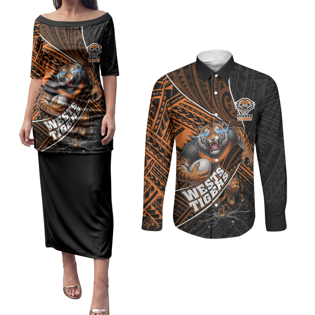 Wests Tigers Rugby Couples Matching Puletasi and Long Sleeve Button Shirt Tribal Polynesian Power Art - Lightning Mascot
