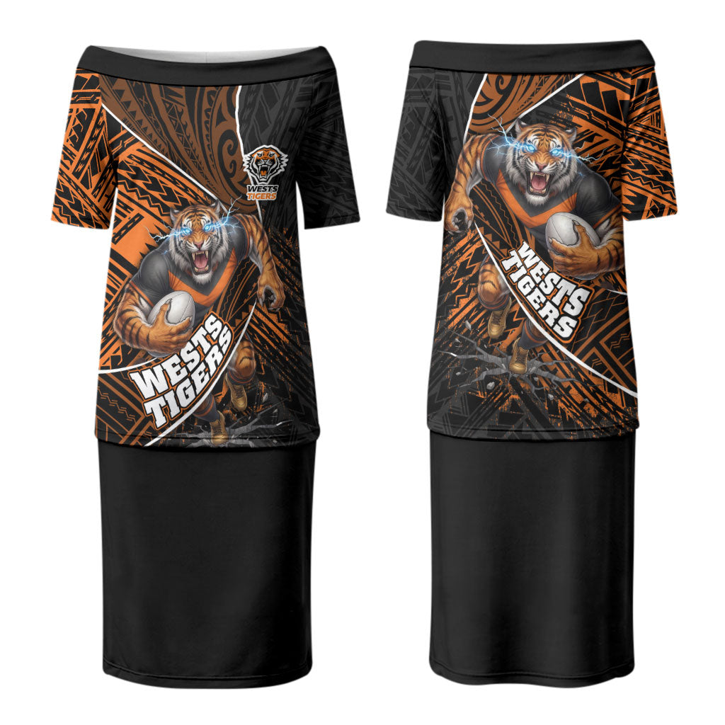 Wests Tigers Rugby Couples Matching Puletasi and Long Sleeve Button Shirt Tribal Polynesian Power Art - Lightning Mascot