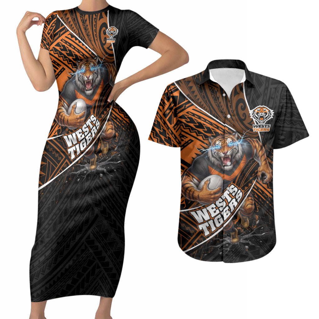 Wests Tigers Rugby Couples Matching Short Sleeve Bodycon Dress and Hawaiian Shirt Tribal Polynesian Power Art - Lightning Mascot
