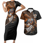 Wests Tigers Rugby Couples Matching Short Sleeve Bodycon Dress and Hawaiian Shirt Tribal Polynesian Power Art - Lightning Mascot