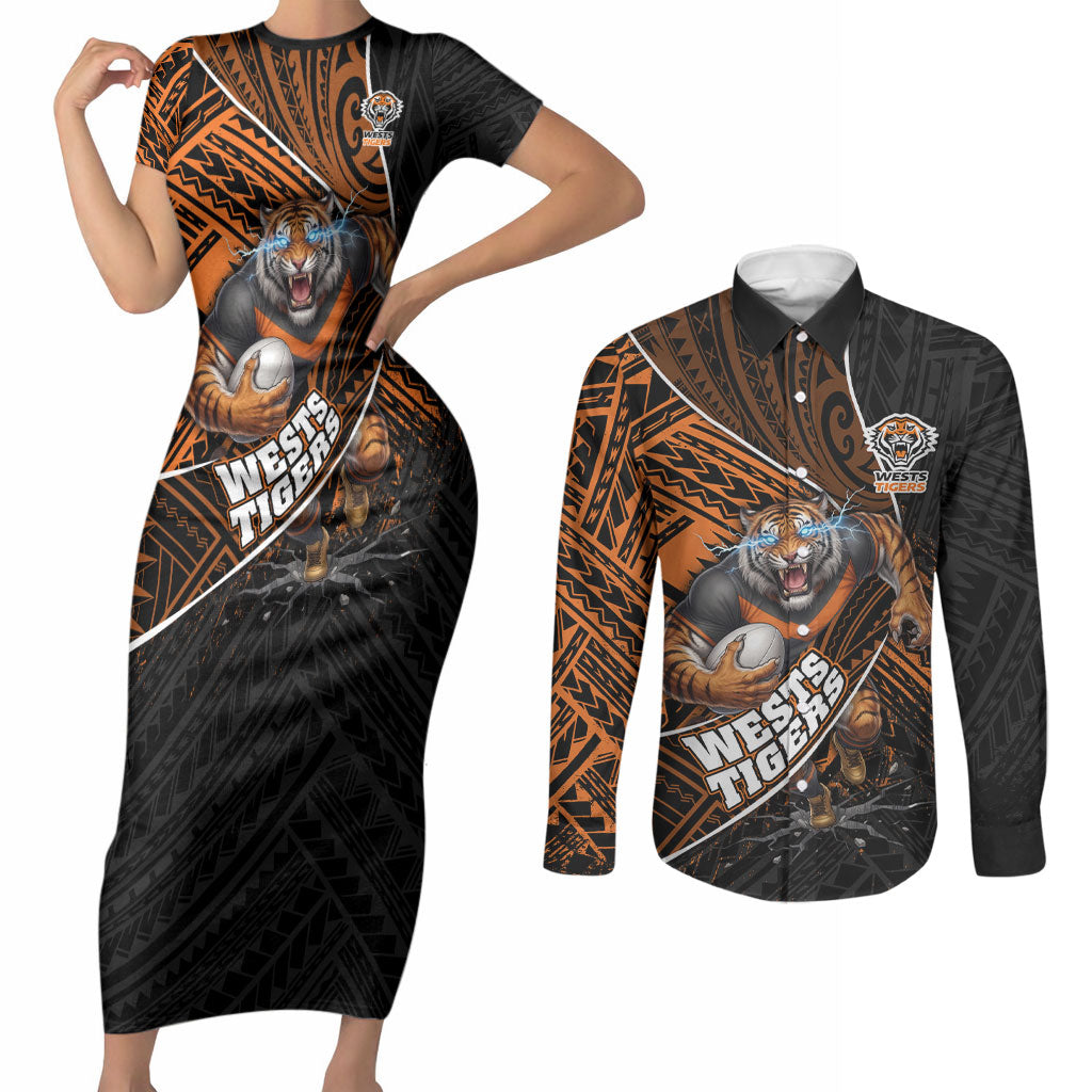 Wests Tigers Rugby Couples Matching Short Sleeve Bodycon Dress and Long Sleeve Button Shirt Tribal Polynesian Power Art - Lightning Mascot