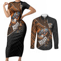 Wests Tigers Rugby Couples Matching Short Sleeve Bodycon Dress and Long Sleeve Button Shirt Tribal Polynesian Power Art - Lightning Mascot