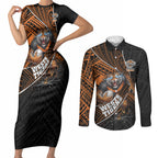 Wests Tigers Rugby Couples Matching Short Sleeve Bodycon Dress and Long Sleeve Button Shirt Tribal Polynesian Power Art - Lightning Mascot