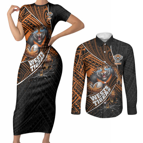 Wests Tigers Rugby Couples Matching Short Sleeve Bodycon Dress and Long Sleeve Button Shirt Tribal Polynesian Power Art - Lightning Mascot