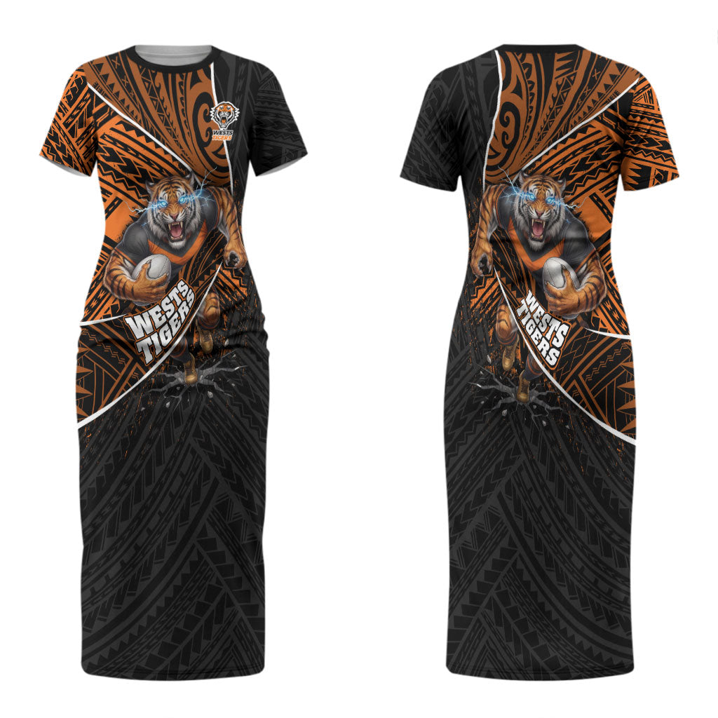 Wests Tigers Rugby Couples Matching Short Sleeve Bodycon Dress and Long Sleeve Button Shirt Tribal Polynesian Power Art - Lightning Mascot