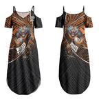 Wests Tigers Rugby Couples Matching Summer Maxi Dress and Hawaiian Shirt Tribal Polynesian Power Art - Lightning Mascot