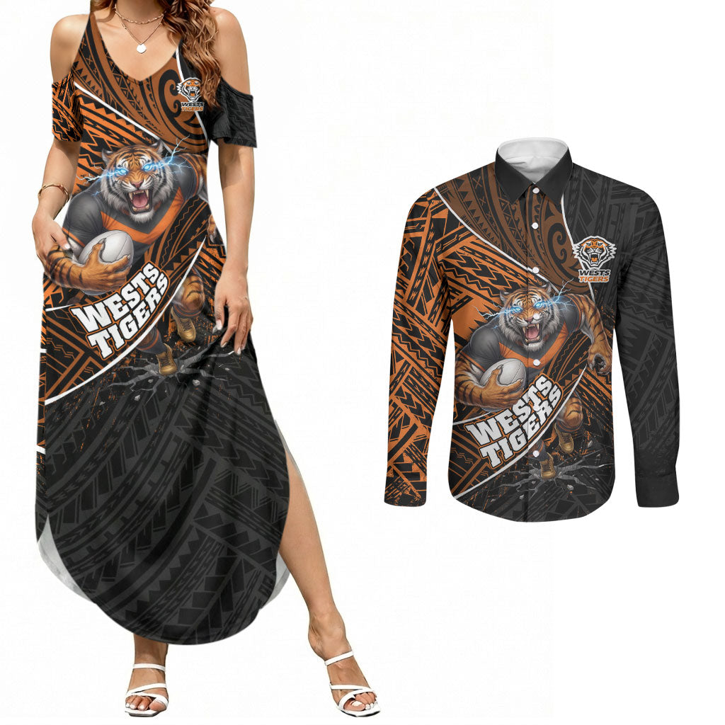 Wests Tigers Rugby Couples Matching Summer Maxi Dress and Long Sleeve Button Shirt Tribal Polynesian Power Art - Lightning Mascot