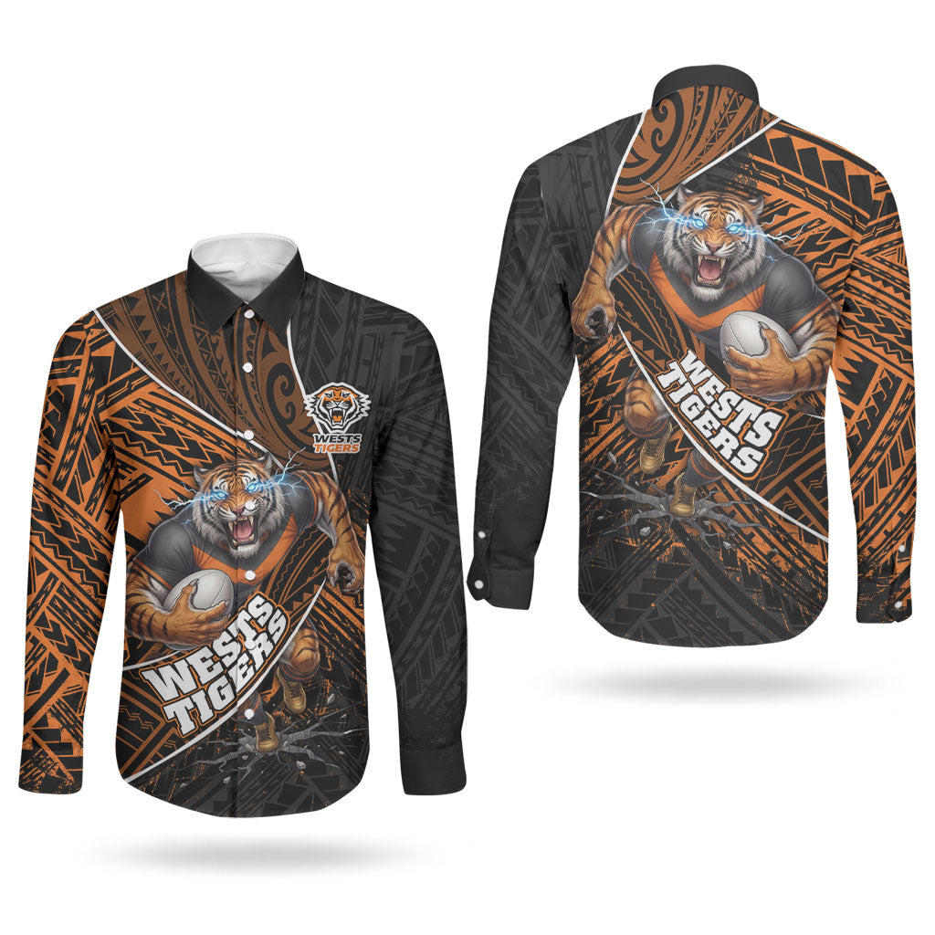 Wests Tigers Rugby Couples Matching Summer Maxi Dress and Long Sleeve Button Shirt Tribal Polynesian Power Art - Lightning Mascot