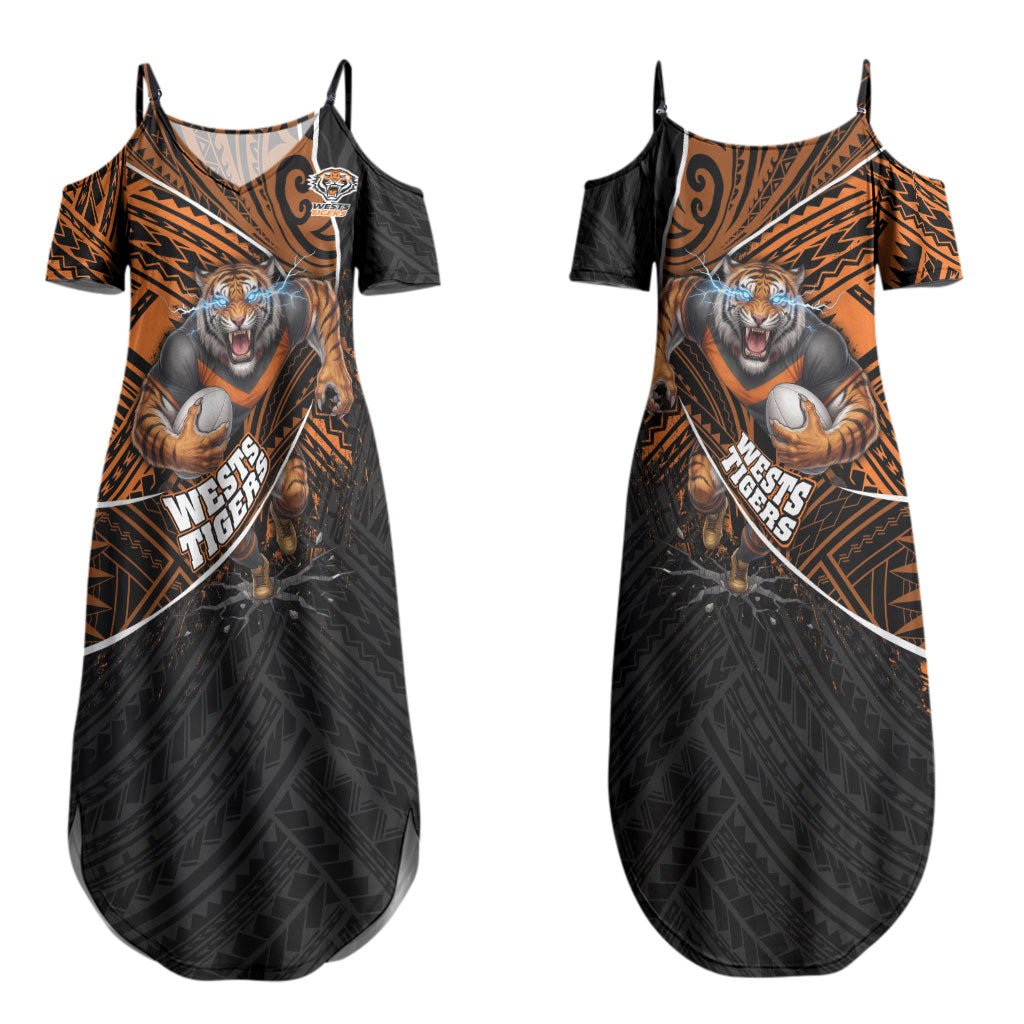 Wests Tigers Rugby Couples Matching Summer Maxi Dress and Long Sleeve Button Shirt Tribal Polynesian Power Art - Lightning Mascot