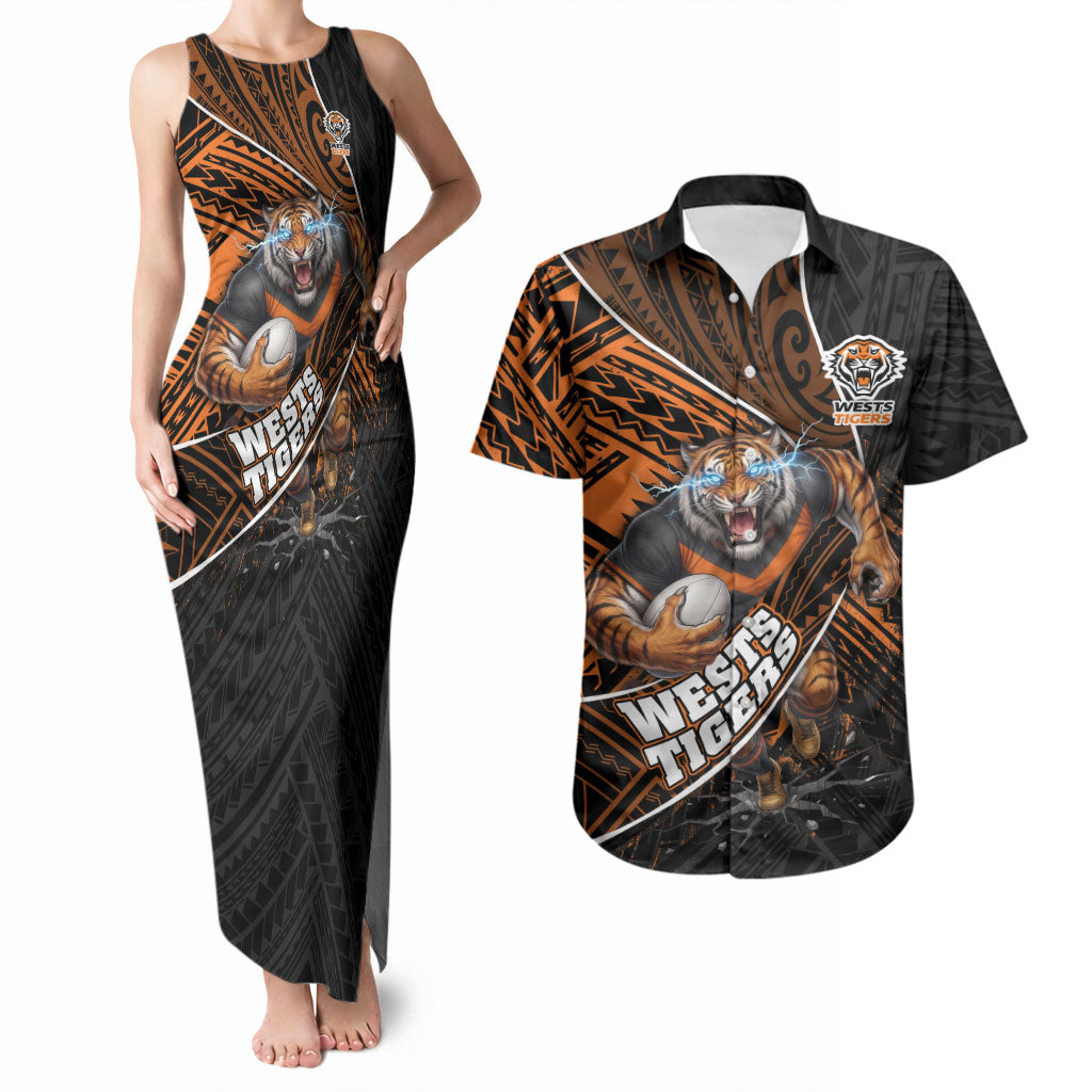 Wests Tigers Rugby Couples Matching Tank Maxi Dress and Hawaiian Shirt Tribal Polynesian Power Art - Lightning Mascot