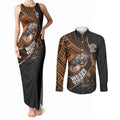 Wests Tigers Rugby Couples Matching Tank Maxi Dress and Long Sleeve Button Shirt Tribal Polynesian Power Art - Lightning Mascot