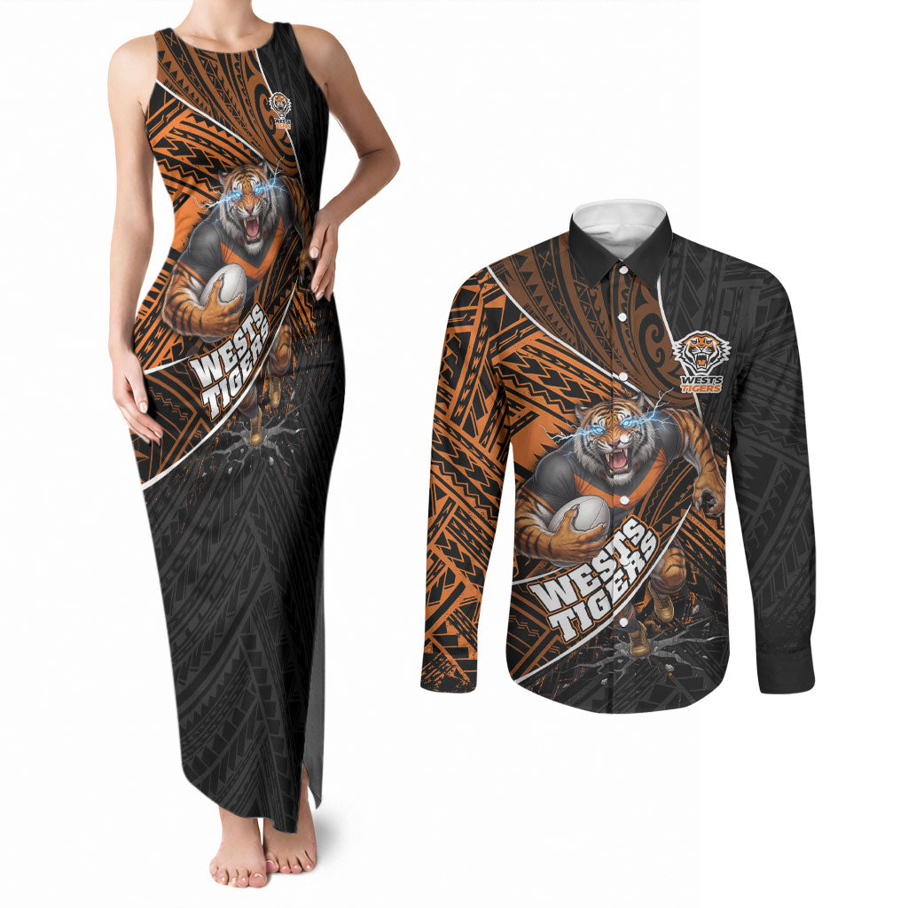 Wests Tigers Rugby Couples Matching Tank Maxi Dress and Long Sleeve Button Shirt Tribal Polynesian Power Art - Lightning Mascot