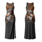Wests Tigers Rugby Couples Matching Tank Maxi Dress and Long Sleeve Button Shirt Tribal Polynesian Power Art - Lightning Mascot