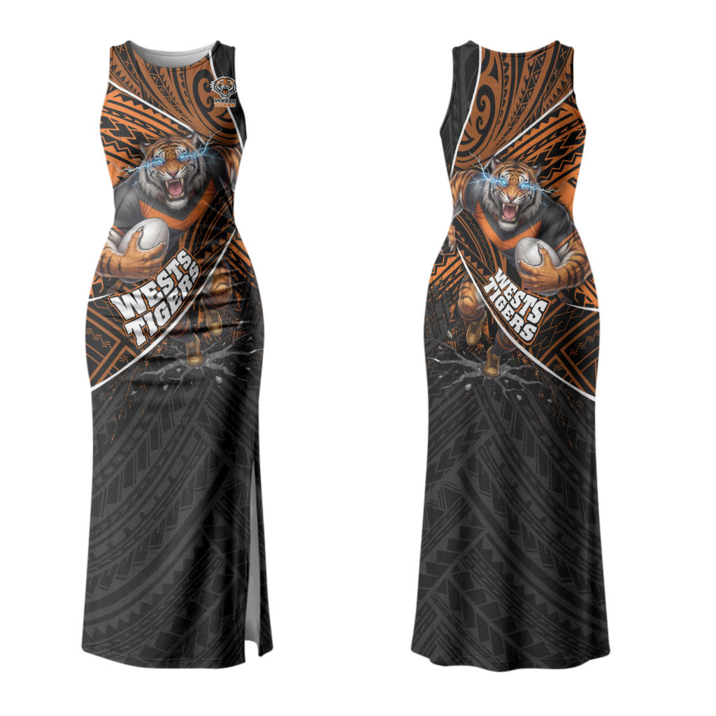 Wests Tigers Rugby Couples Matching Tank Maxi Dress and Long Sleeve Button Shirt Tribal Polynesian Power Art - Lightning Mascot