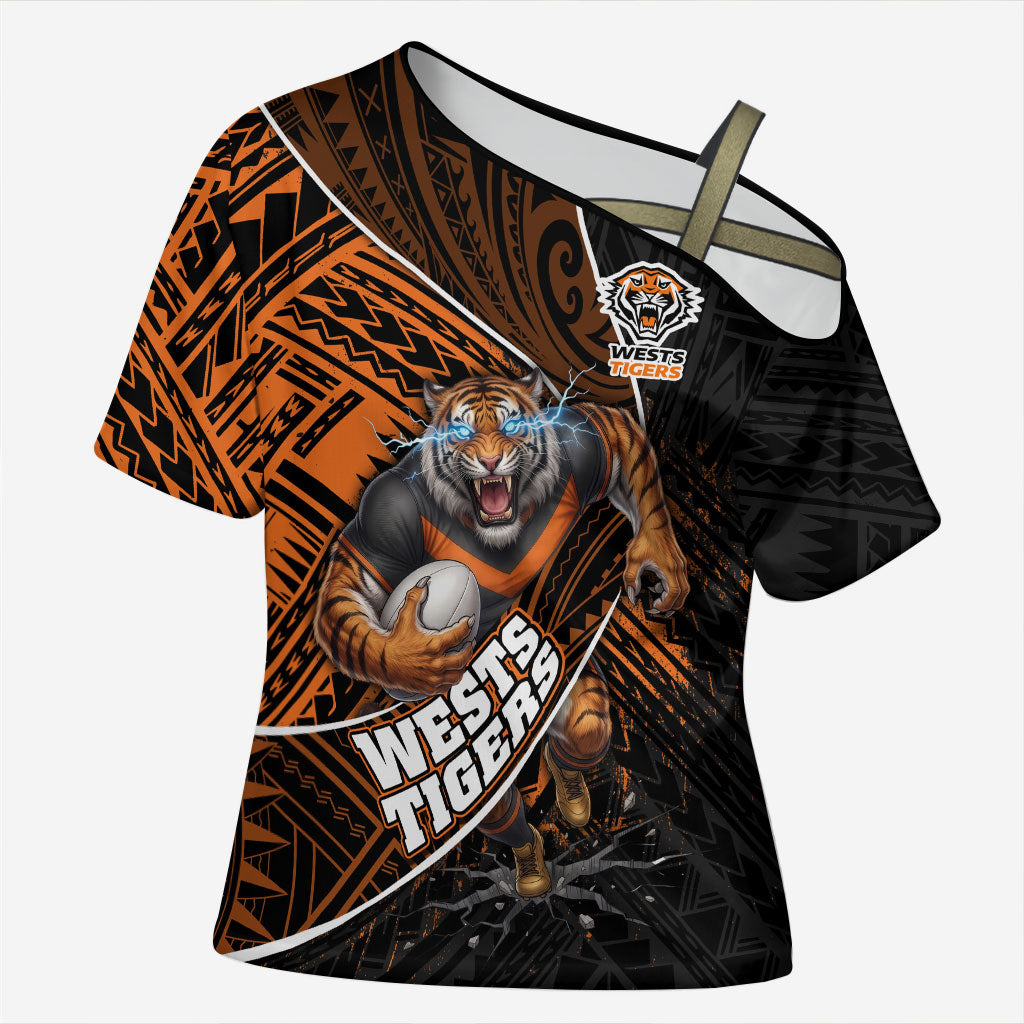Wests Tigers Rugby Cross Shoulder Shirt Tribal Polynesian Power Art - Lightning Mascot