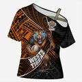 Wests Tigers Rugby Cross Shoulder Shirt Tribal Polynesian Power Art - Lightning Mascot