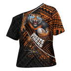 Wests Tigers Rugby Cross Shoulder Shirt Tribal Polynesian Power Art - Lightning Mascot