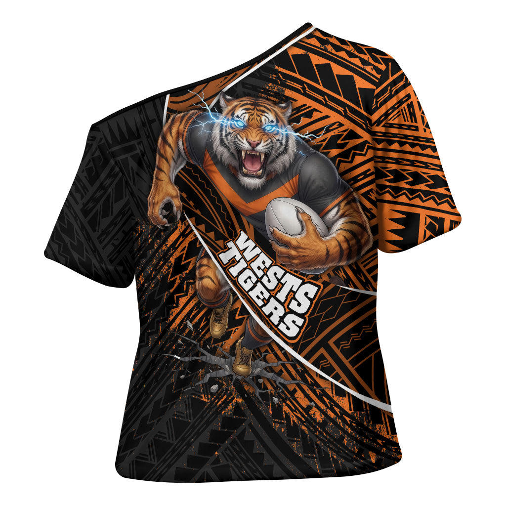 Wests Tigers Rugby Cross Shoulder Shirt Tribal Polynesian Power Art - Lightning Mascot