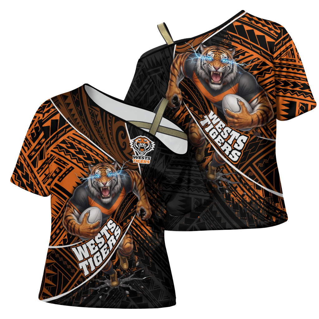 Wests Tigers Rugby Cross Shoulder Shirt Tribal Polynesian Power Art - Lightning Mascot
