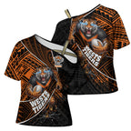 Wests Tigers Rugby Cross Shoulder Shirt Tribal Polynesian Power Art - Lightning Mascot
