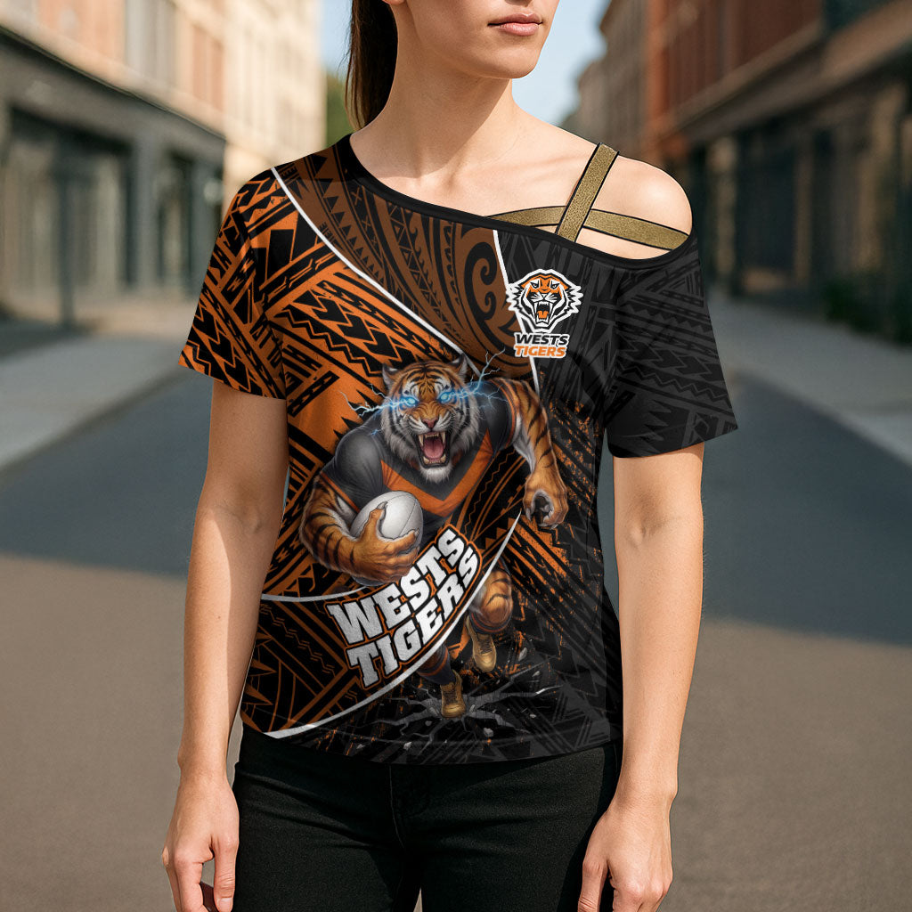 Wests Tigers Rugby Cross Shoulder Shirt Tribal Polynesian Power Art - Lightning Mascot