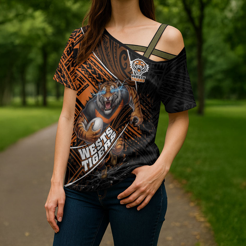 Wests Tigers Rugby Cross Shoulder Shirt Tribal Polynesian Power Art - Lightning Mascot