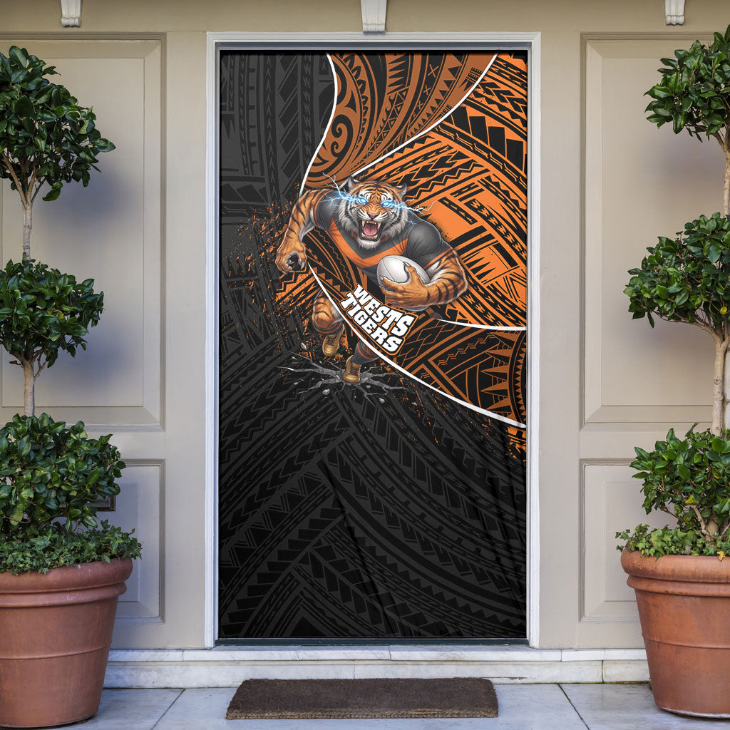 Wests Tigers Rugby Door Cover Tribal Polynesian Power Art - Lightning Mascot
