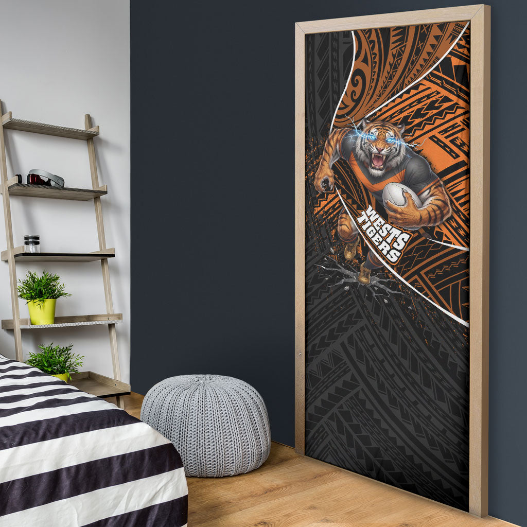 Wests Tigers Rugby Door Cover Tribal Polynesian Power Art - Lightning Mascot