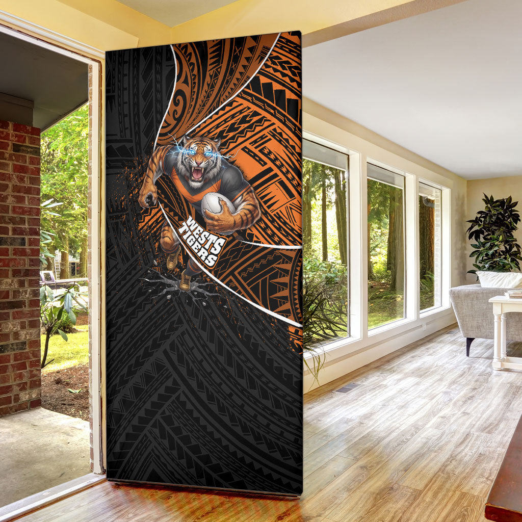 Wests Tigers Rugby Door Cover Tribal Polynesian Power Art - Lightning Mascot