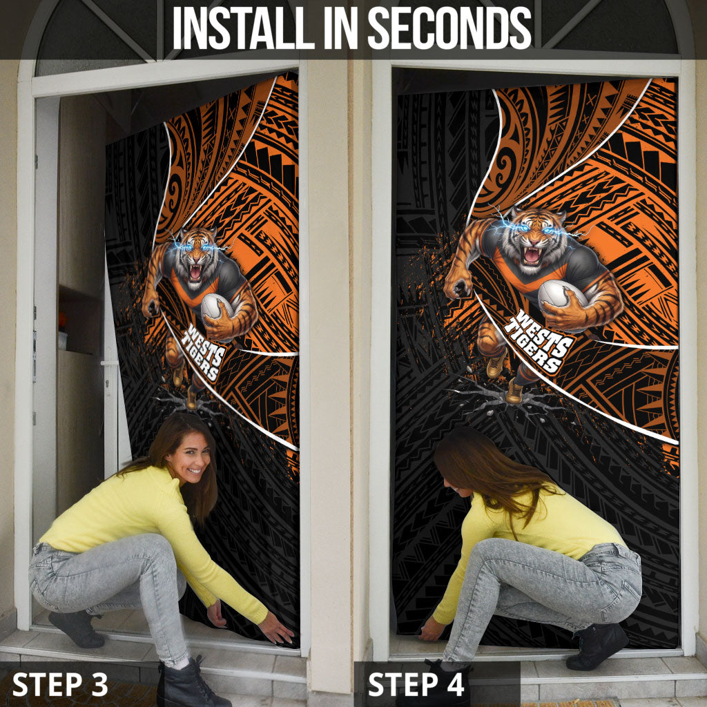 Wests Tigers Rugby Door Cover Tribal Polynesian Power Art - Lightning Mascot