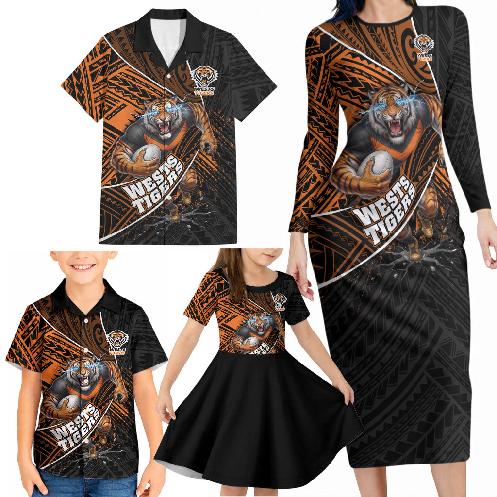 Wests Tigers Rugby Family Matching Long Sleeve Bodycon Dress and Hawaiian Shirt Tribal Polynesian Power Art - Lightning Mascot