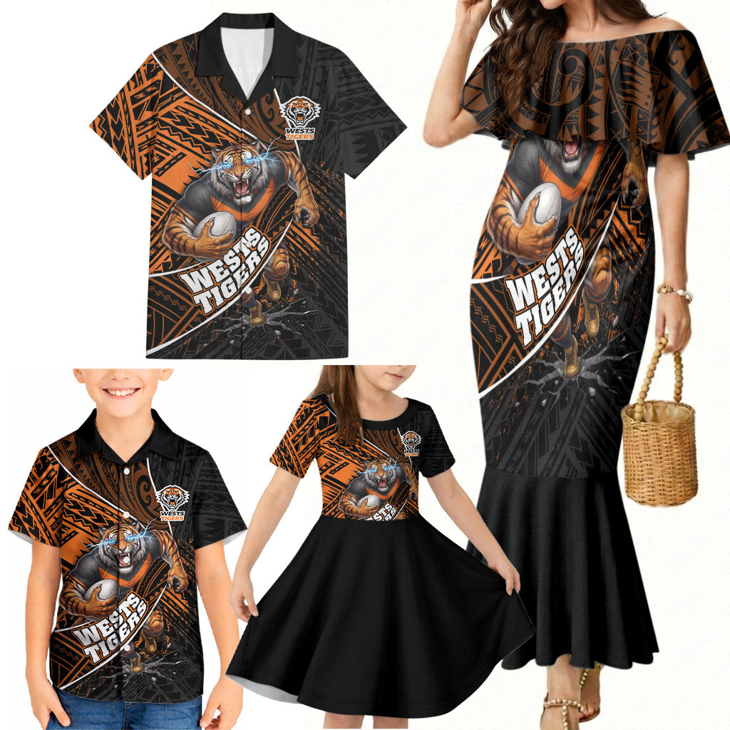 Wests Tigers Rugby Family Matching Mermaid Dress and Hawaiian Shirt Tribal Polynesian Power Art - Lightning Mascot