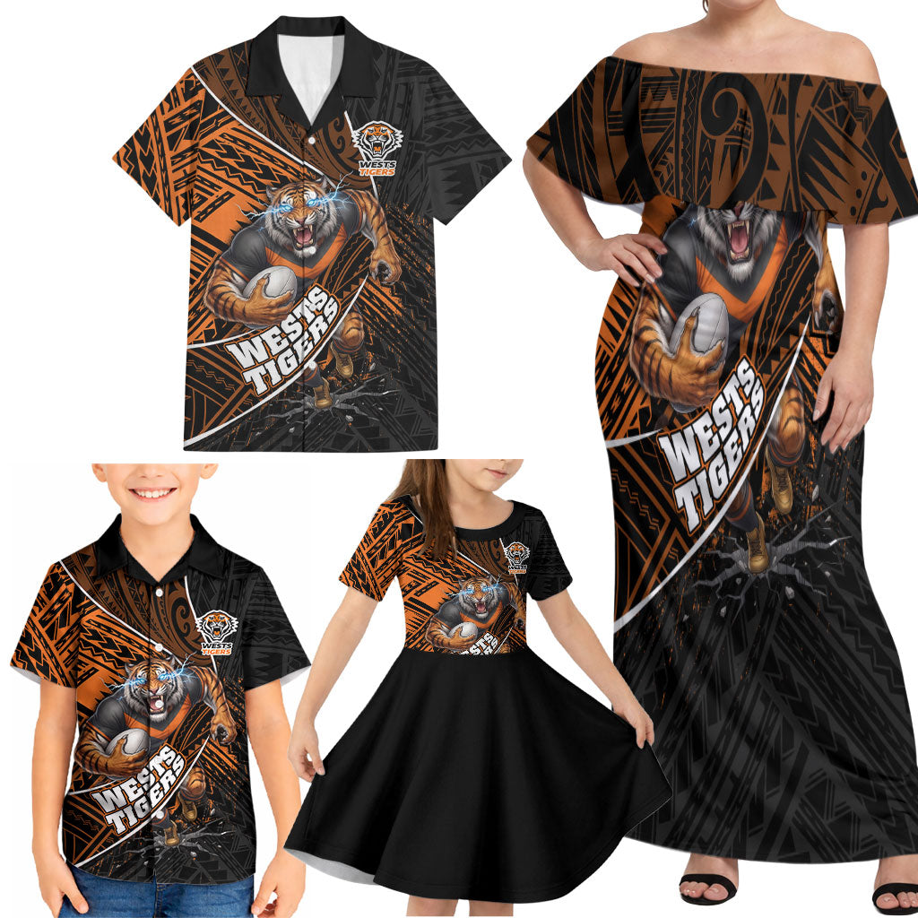 Wests Tigers Rugby Family Matching Off Shoulder Maxi Dress and Hawaiian Shirt Tribal Polynesian Power Art - Lightning Mascot