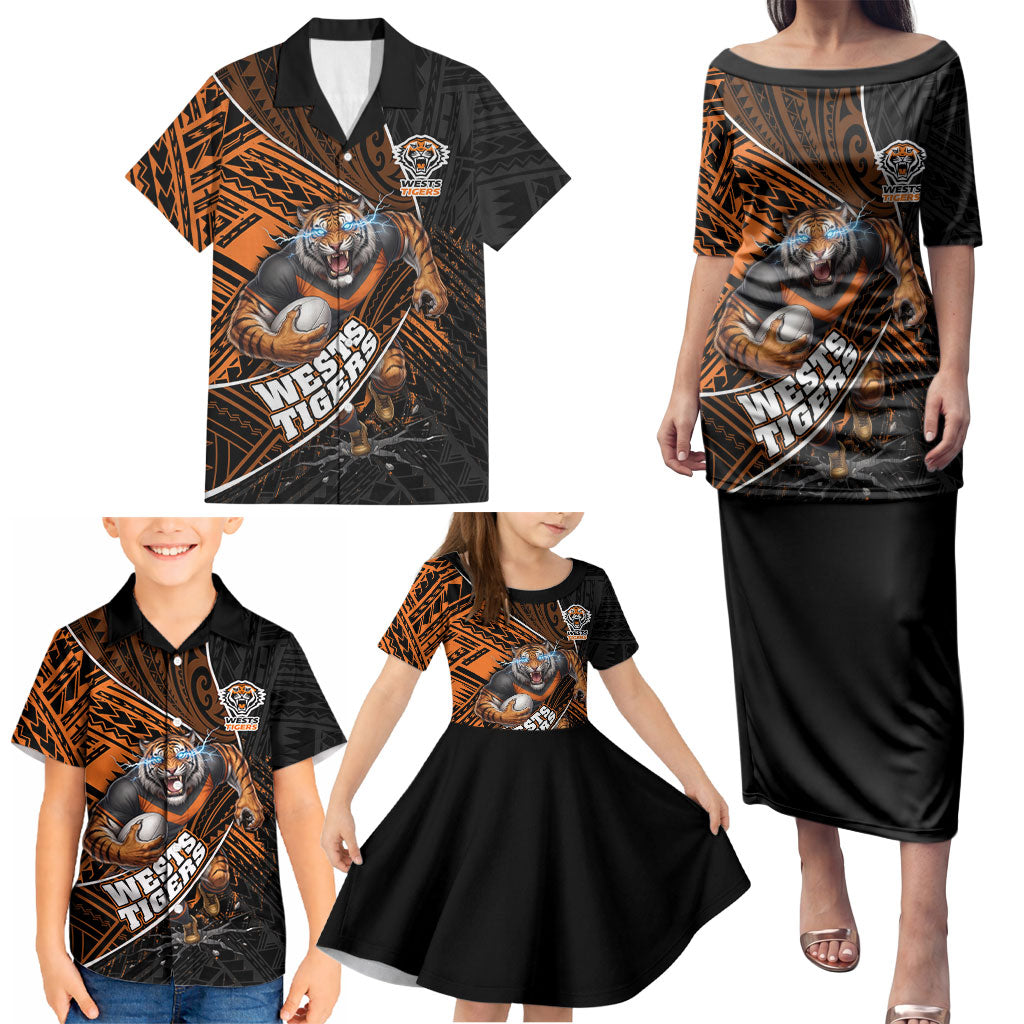 Wests Tigers Rugby Family Matching Puletasi and Hawaiian Shirt Tribal Polynesian Power Art - Lightning Mascot
