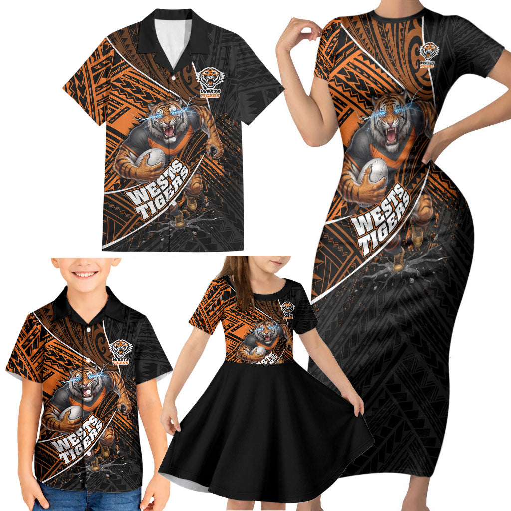 Wests Tigers Rugby Family Matching Short Sleeve Bodycon Dress and Hawaiian Shirt Tribal Polynesian Power Art - Lightning Mascot