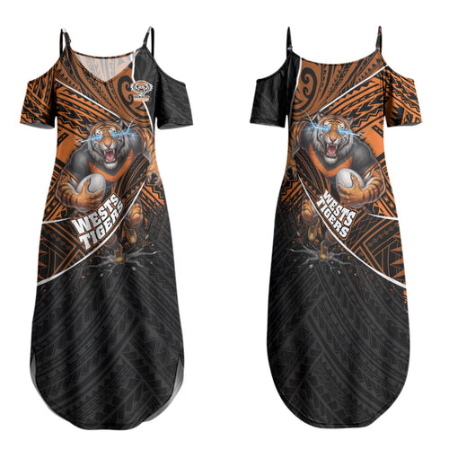 Wests Tigers Rugby Family Matching Summer Maxi Dress and Hawaiian Shirt Tribal Polynesian Power Art - Lightning Mascot