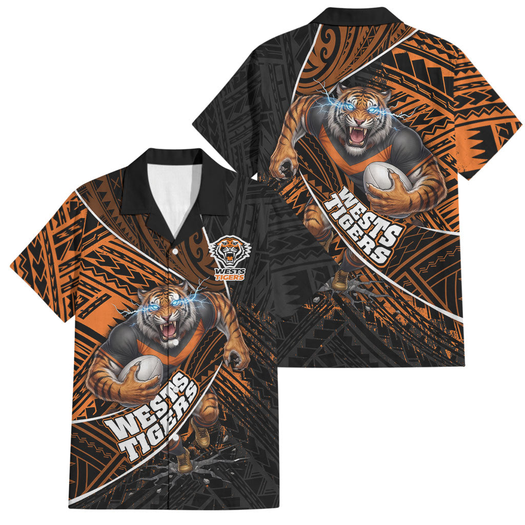 Wests Tigers Rugby Family Matching Summer Maxi Dress and Hawaiian Shirt Tribal Polynesian Power Art - Lightning Mascot